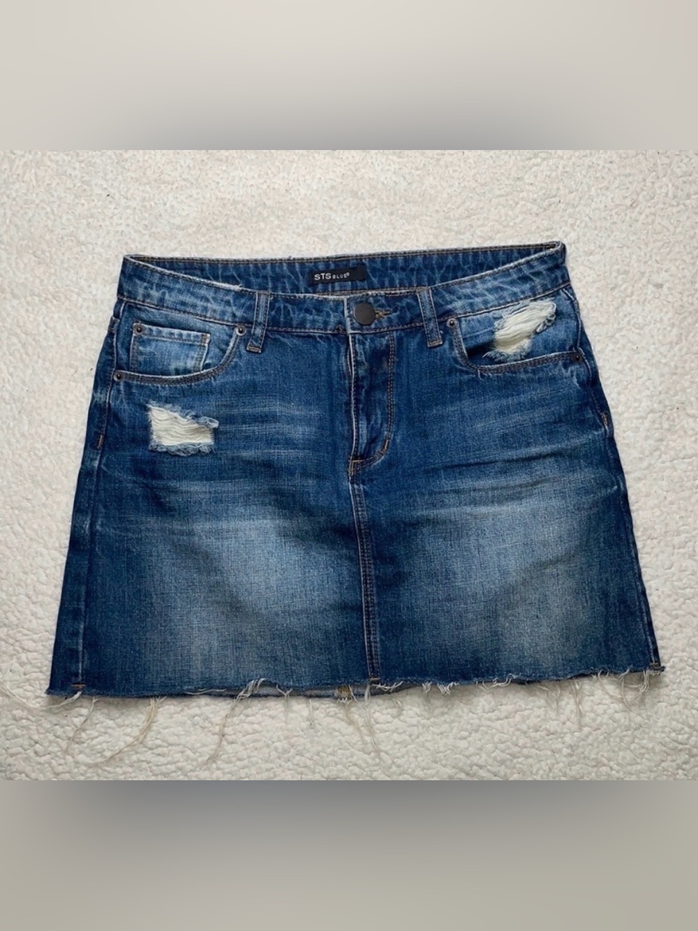 STS Blue Denim Distressed Skirt  Ripped Raw Hem In style Size 26 Dark Wash